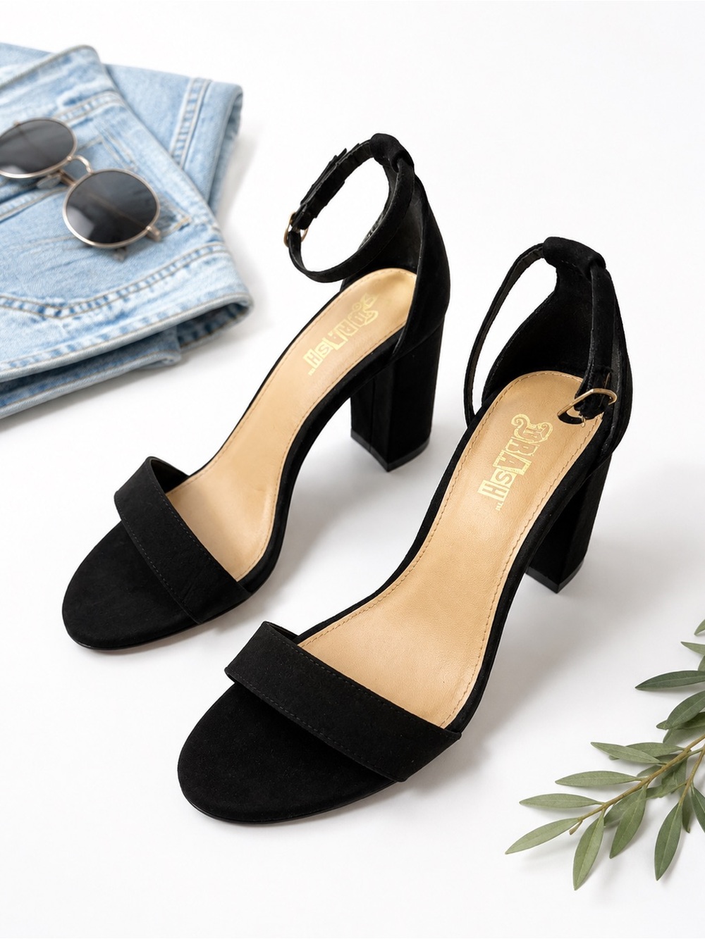 Brash Black Suede Open-Toe Ankle-Strap Block Heels